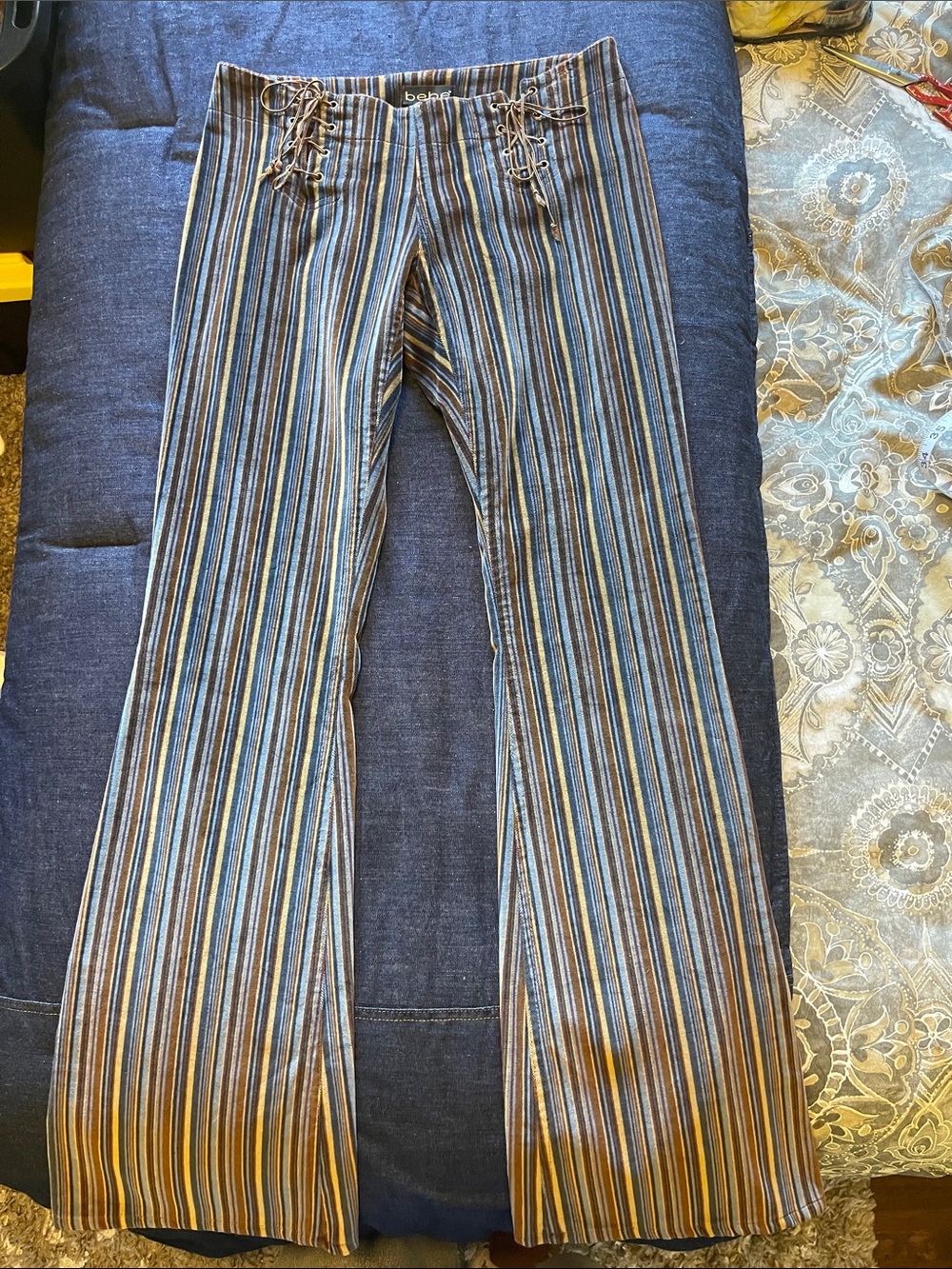 Bebe Vintage Striped Lace-Up Flared Pants - Navy, Brown, Tan size 4 - Picture 9 of 10